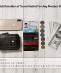 Full Grain Vintage Leather RFID Blocking Bifold Wallet For Men With Three Sided Zipper Flap ID Window Zip Coin Pocket shown with phone and cards