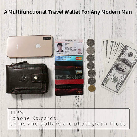 Full Grain Vintage Leather RFID Blocking Bifold Wallet For Men With Three Sided Zipper Flap ID Window Zip Coin Pocket shown with phone and cards