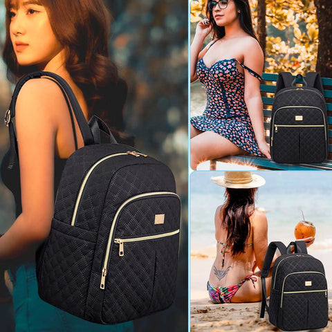 Women with Womens Lunch Backpack With 20L Insulated Cooler, black color, wearing swimwear at beach and sitting on bench.