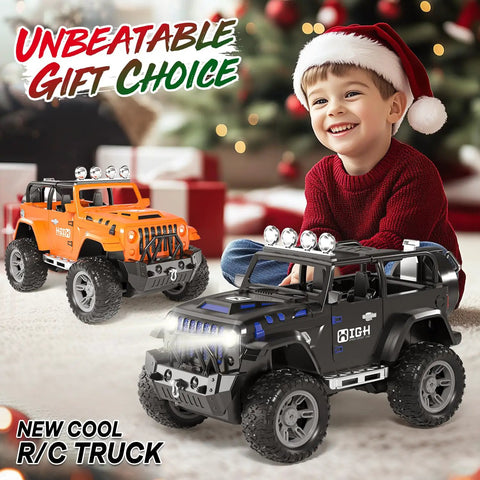 Child with Santa hat enjoying 1:16 Scale Remote Control Jeep With Spray, Lights And Sound, 2.4GHz RC Car For Kids in festive setting.
