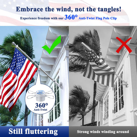 Comparison of a Six Foot Flag Pole Kit with Tangle Free Spinning Design Weather Resistant Rustproof Stainless Steel Pole vs non-spinning pole.