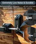 Close-up of Smooth Operator OneHand PopUp Gate Latch With Secret Combo Lock showing durable, weatherproof design on wood.