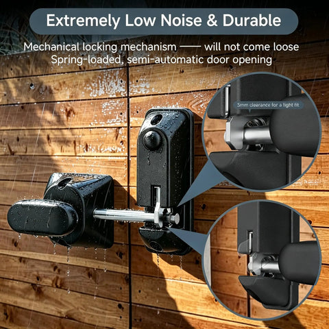 Close-up of Smooth Operator OneHand PopUp Gate Latch With Secret Combo Lock showing durable, weatherproof design on wood.