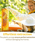 Beekeeper using Pro Grade Honey Uncapping Roller Tool for Beekeepers, Sharp Plastic Prongs for Fast Honey Extraction outdoors