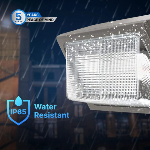 120W Outdoor LED Wall Pack Light With Photocell, IP65, ETL Listed, shown in rain demonstrating water resistance