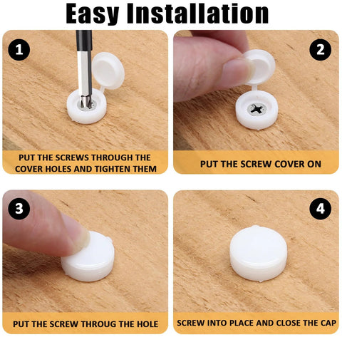 Step-by-step guide to installing 200 Pack White Hinged Screw Cover Caps Made From Durable Plastic With Snap On Foldable Design.