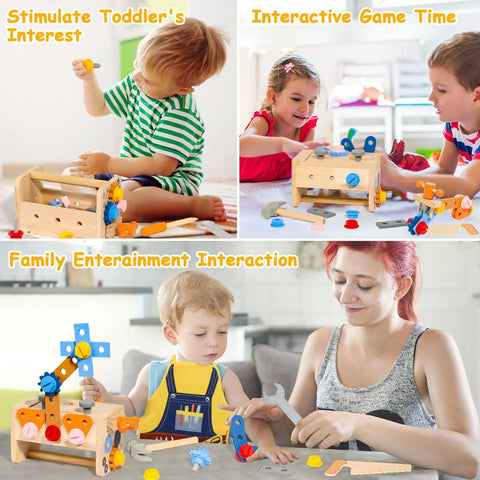 Children playing with 39 Piece Kids Tool Set With Apron, Wooden Toddler Tool Bench Includes Hammer And More, STEM toys