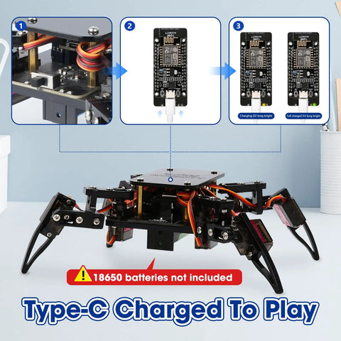 Programmable Bionic Spider Robot Kit For Kids 8 12 Teens And Adults, Cool DIY Robotics Building Toy With Walking Crawling Bots, App Remote Control, ESP8266 Control Board, STEM Science Kit Gift, black Type-C charging spider robot