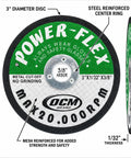 Heavy Duty 20 Pack Of 3 Inch Cut Off Grinding Wheels With Thin 1/32 Inch Profile And 3/8 Inch Arbor showing steel reinforced disc.