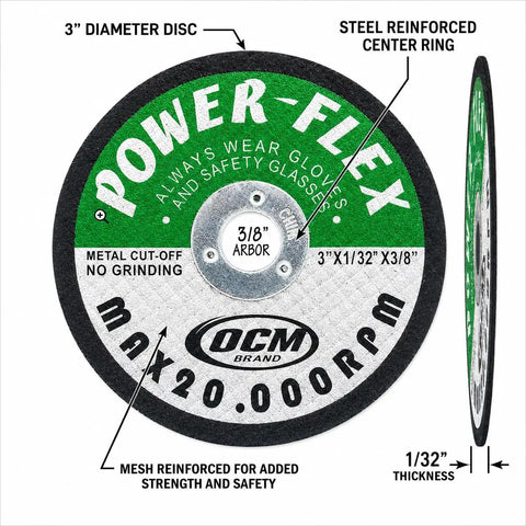 Heavy Duty 20 Pack Of 3 Inch Cut Off Grinding Wheels With Thin 1/32 Inch Profile And 3/8 Inch Arbor showing steel reinforced disc.