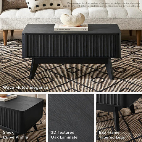 Top Shelf Modern Lift Top Coffee Table With Sleek Fluted Paneling And A Game Changing Pull Up Desktop Plus Hidden Storage Compartment In Durable Black Oak Finish