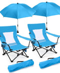 Two Pack Heavy Duty Beach Camping Chairs With Umbrellas in blue, showing folded portability bags and cup holders