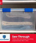16 Qt Weatherproof Storage Bins With Lids 3 Pack BPA-Free Plastic Gasket Boxes with clothes inside on a shelf