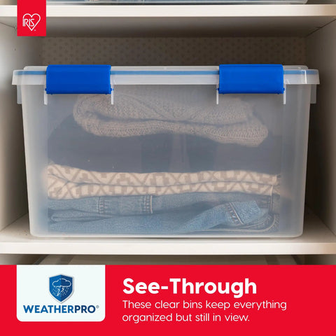 16 Qt Weatherproof Storage Bins With Lids 3 Pack BPA-Free Plastic Gasket Boxes with clothes inside on a shelf