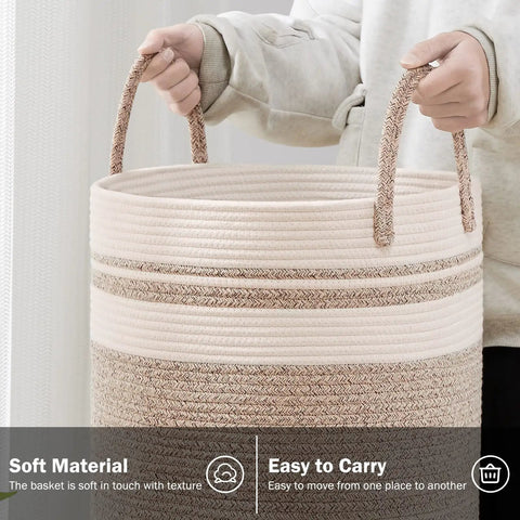 Person holding Woven Rope Laundry Hamper Basket 72L Tall Big Ol Brown Eco Friendly Natural Cotton Rope Laundry Bin