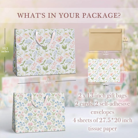 Two Large 13 Inch Floral Gift Bags With Matching Tissue Paper Card And Envelope Set Hand Painted Bloom Design Totally Perfect For Any Occasion Great For Women Gifts And Special Occasions, showing floral bags, envelopes, and tissue.