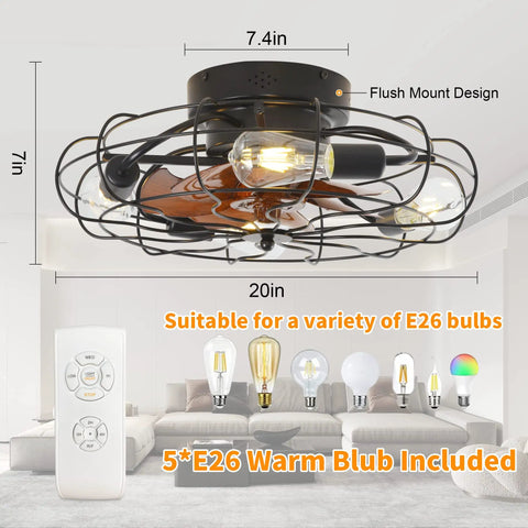 Small Mid Century Caged Ceiling Fan With Lights And Remote 20 Inch Cage Ceiling Fan With Light in living room setting