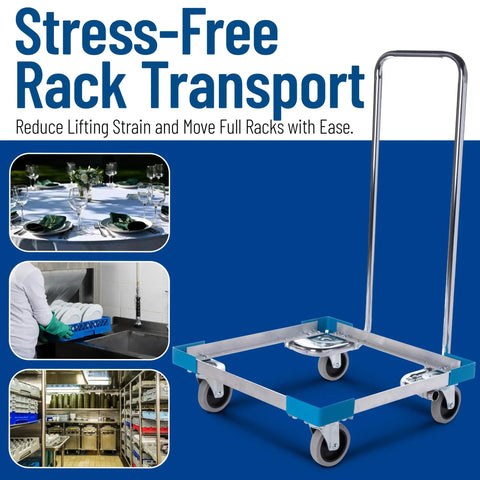 Aluminum Dishwashing Racks Dolly With Handle For Kitchens And Restaurants, 20.63 By 20.63 Inch Base, 36.5 Inch Tall, Holds 19.75 Inch Square Glass Racks, Blue, Four Inch Non Marking Casters, 300 Pound Capacity, BPA Free And Easy To Clean