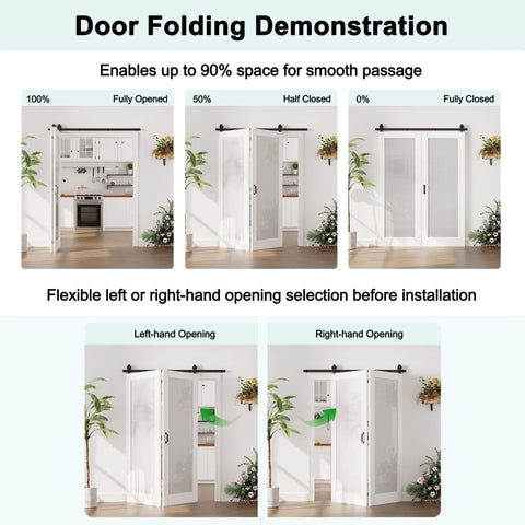 60 By 96 Inch Preassembled Three Lite Frosted Glass Bifold Barn Door With 64 Inch Track Kit demonstration in kitchen