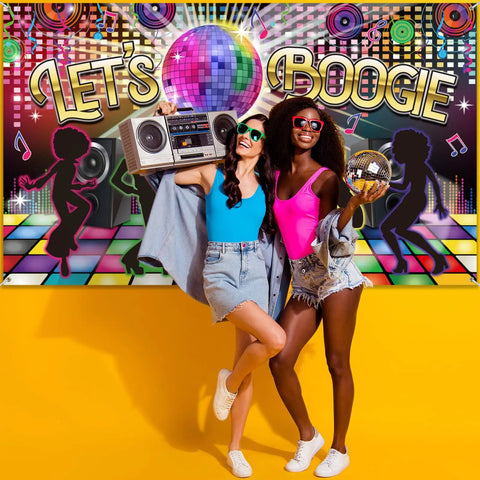 Disco Theme Photo Booth Backdrop Lets Boogie For 60s 70s 80s 90s Parties, Large Fabric Backdrop Banner, Neon Dancing Night Decor, Birthday Party Supplies, 72.8 X 43.3 Inches