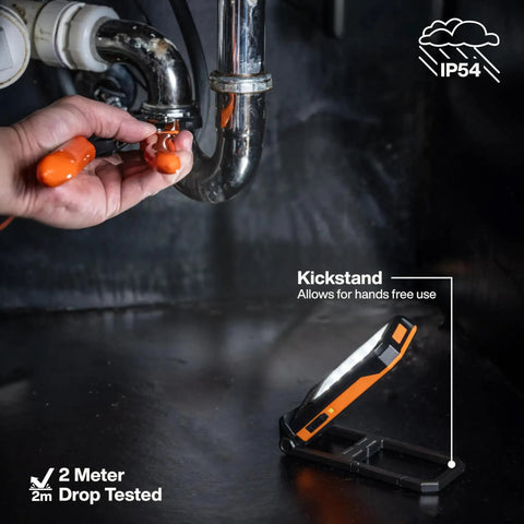 Slim USB C Rechargeable Work Light With 500 Lumens in use under sink, showing hands-free kickstand feature, rugged design.