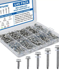Heavy Duty 410 Stainless Self Tapping Screws Kit With Washers For Metal Wood Plastic Hex Head Self Drilling Rust Resistant Screws In Multiple Sizes For DIY Projects Roofing And More, shown in a 145-piece organized box with individual compartments for each size.