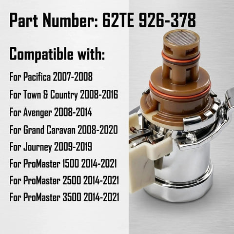 Transmission Torque Converter Clutch Solenoid Replacement for Chrysler Pacifica Town and Country Grand Caravan Avenger Journey CV Ram ProMaster 1500 2500 Direct Fit Plug and Play Premium Quality Fits 2007 2021 Models, part 62TE 926-378