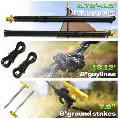 4 Pack Adjustable Heavy-Duty Tarp Poles With Ground Stakes And Guylines, yellow protection caps, telescoping poles.
