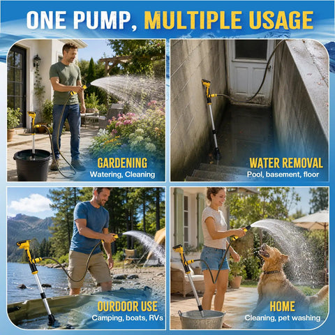 Heavy Duty Cordless Stick Water Transfer Pump With Brushless Motor Delivering 740 GPH Flow Rate And A 33 Foot Max Lift for gardening and water removal.
