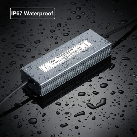 Heavy Duty 300W IP67 Waterproof LED Power Supply, 90-130V AC To 12V DC, 25A Output, on a wet surface showcasing water resistance