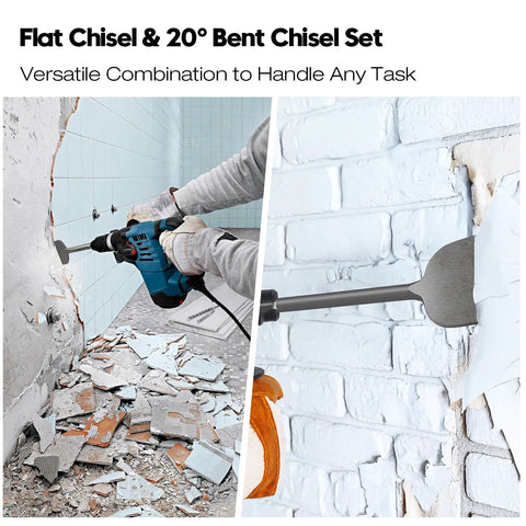 Person using Beast 4 Piece SDS Plus Chisel Set For Demolition And Tile Removal on wall, showing flat and bent chisels in action