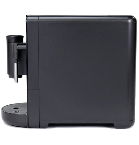 Game Changer Automatic Espresso Machine Packing Built In Milk Frother side view with sleek glossy black finish.