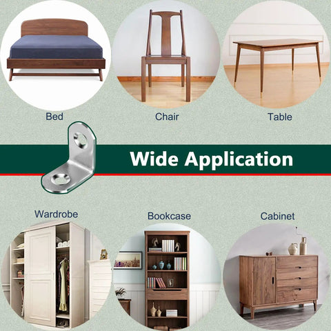 Diagram showing applications of 20 Pack L Bracket Corner Brace Set In Stainless Steel for bed, chair, table, wardrobe, bookcase, and cabinet.