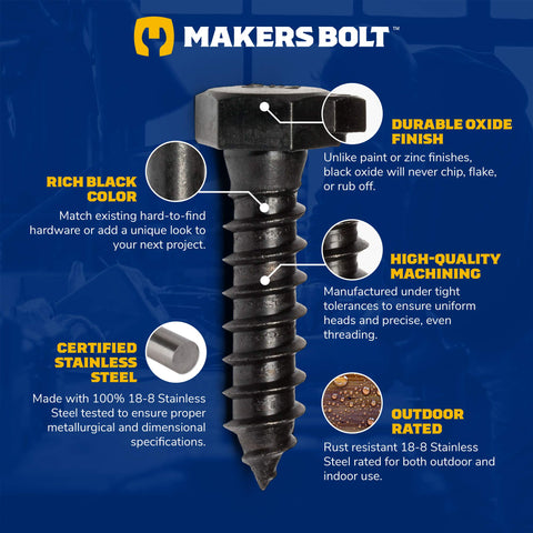 Premium Stainless Steel Black Lag Screws 3/8 Inch By 1 Inch Hex Lag Bolts 10 Pack 304 Grade Steel Black Oxide Finish