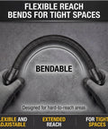 Half Inch Flexible Shaft Extension With 360 Degree Angled Rod, shown bent for tight spaces, designed for reaching difficult areas.