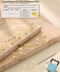 14K Gold Plated Threadless Flat Back Earrings Set For Women And Men, 20G 6mm Gauge, Includes Moon Leaf Flower And Ball Nose Studs And Straight Tapers, Silver And Gold Plating, Wear Solo Or Stackable Everyday Jewelry, hypoallergenic flat back studs on stone display