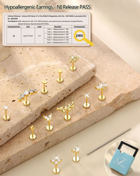 14K Gold Plated Threadless Flat Back Earrings Set For Women And Men, 20G 6mm Gauge, Includes Moon Leaf Flower And Ball Nose Studs And Straight Tapers, Silver And Gold Plating, Wear Solo Or Stackable Everyday Jewelry, hypoallergenic flat back studs on stone display