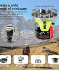 Isobutane Camping Stove Fuel Canister 230 Gram Butane Propane Blend with cookware options, hiking background