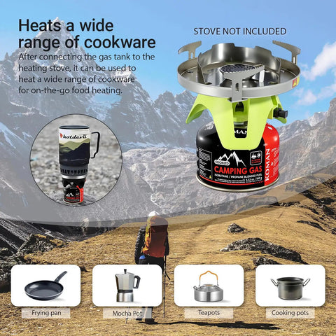 Isobutane Camping Stove Fuel Canister 230 Gram Butane Propane Blend with cookware options, hiking background