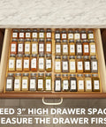 No Sweat Adjustable Bamboo Spice Drawer Organizer Expands To Fit Any Kitchen Cabinet Slot with 48 spice jars neatly arranged.