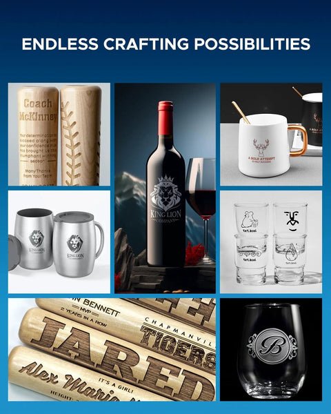 Examples of 360° engraving on bottles, mugs, and wood using Rotary Cutter and Engraver Attachment With Three Jaw Chuck for CO2 lasers