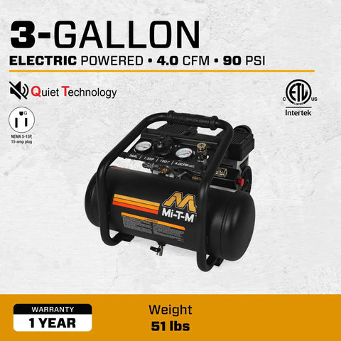 Mi-T-M 3 Gallon Portable Air Compressor Oil Free.1.5 HP Induction Motor4.0 CFM At90 PSI Quiet Operation For Impact Wrenches Grinders And Nailers Lightweight Professional Tool Easy To Carry Anywhere