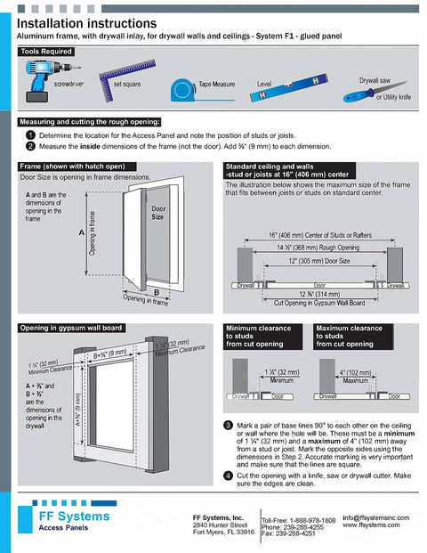 Installation instructions for Straight Up Solid Aluminum Access Panel 24 By 36 Inch with tools and measurements for drywall.
