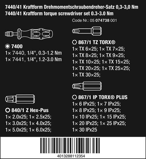 Image showing components of the All-In-One Adjustable Torque Screwdriver Set 0.3-3.0 Nm With Rapidaptor, includes driver and bit specs.