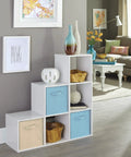 Three Two One Cube Storage Shelf Organizer Bookshelf With Three Tiers Corner Unit In White Wood Finish displaying decor items.