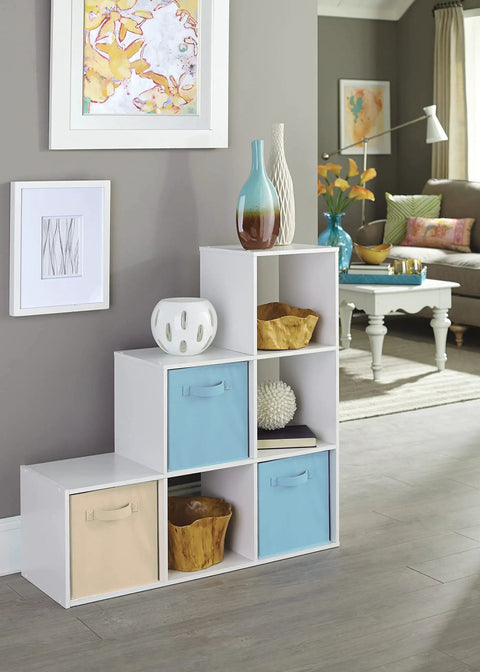 Three Two One Cube Storage Shelf Organizer Bookshelf With Three Tiers Corner Unit In White Wood Finish displaying decor items.