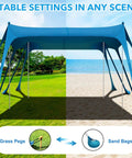 Rock Solid Beach Canopy Tent 10x13 Ft with ten sandbags and 22mm aluminum poles, setup on grass and sand, UPF50Plus sun shade.