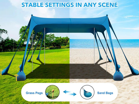 Rock Solid Beach Canopy Tent 10x13 Ft with ten sandbags and 22mm aluminum poles, setup on grass and sand, UPF50Plus sun shade.