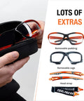 Foam Padded Safety Glasses With Clear Lens, ANSI Z87.1 Rated, accessories shown including removable padding, head strap, and case