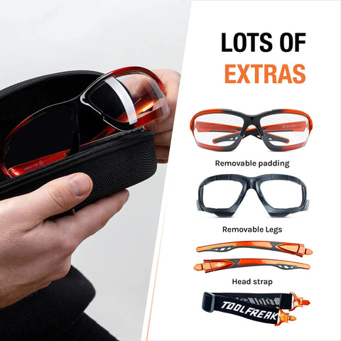Foam Padded Safety Glasses With Clear Lens, ANSI Z87.1 Rated, accessories shown including removable padding, head strap, and case